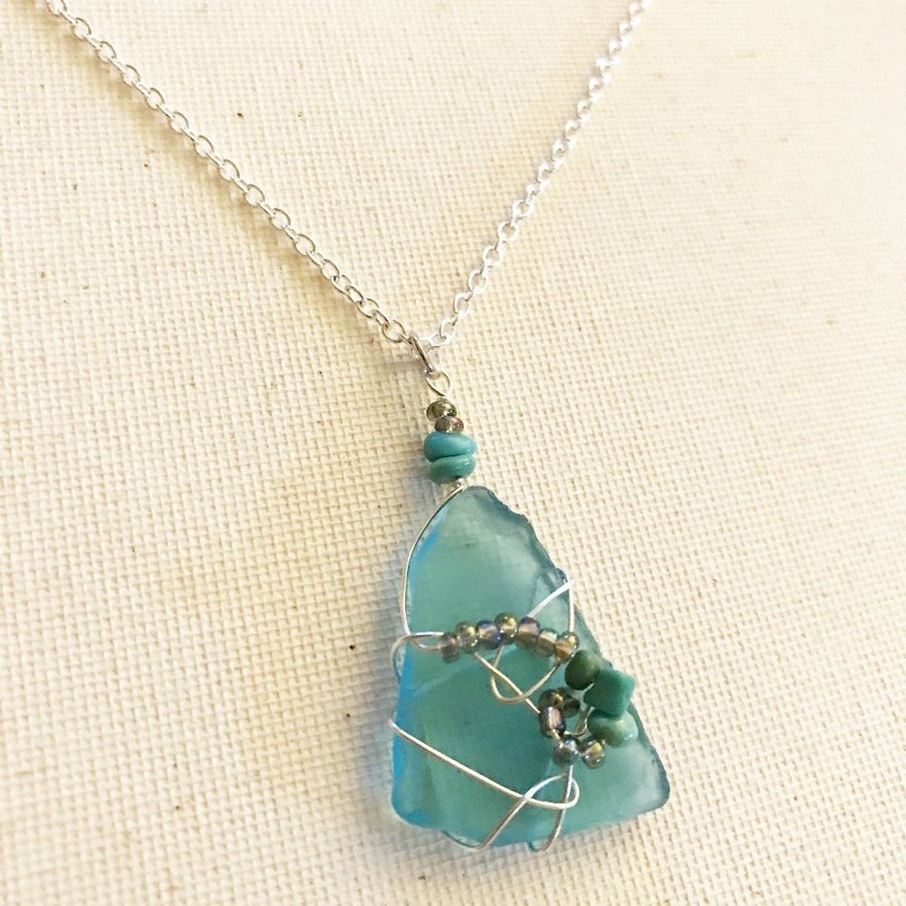 Caribbean Sea Glass Turquoise Gemstone Necklace Ocean Mermaid Beach Coastside CA